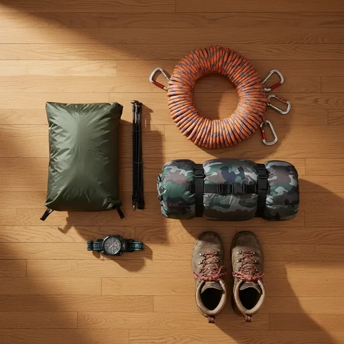 Well-worn hiking boots, a coiled rope, carabiners, and a tent are neatly arranged on a wooden floor in a flat lay view.