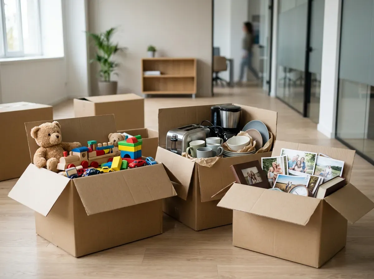 Cardboard boxes filled with toys, kitchen appliances, dishes, and photographs ready for self storage move-in day.