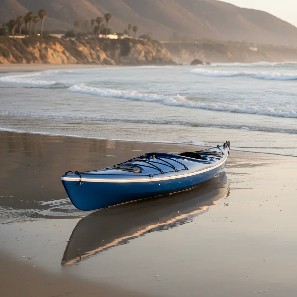 A sleek sea kayak rests on sandy Southern California shores as the low tide reflects golden sunlight near hazy coastal cliff