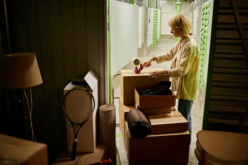 A lady taping a brown storage box shut in front of her unit.