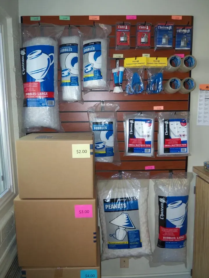 Packing supplies on display inside office that are for sale